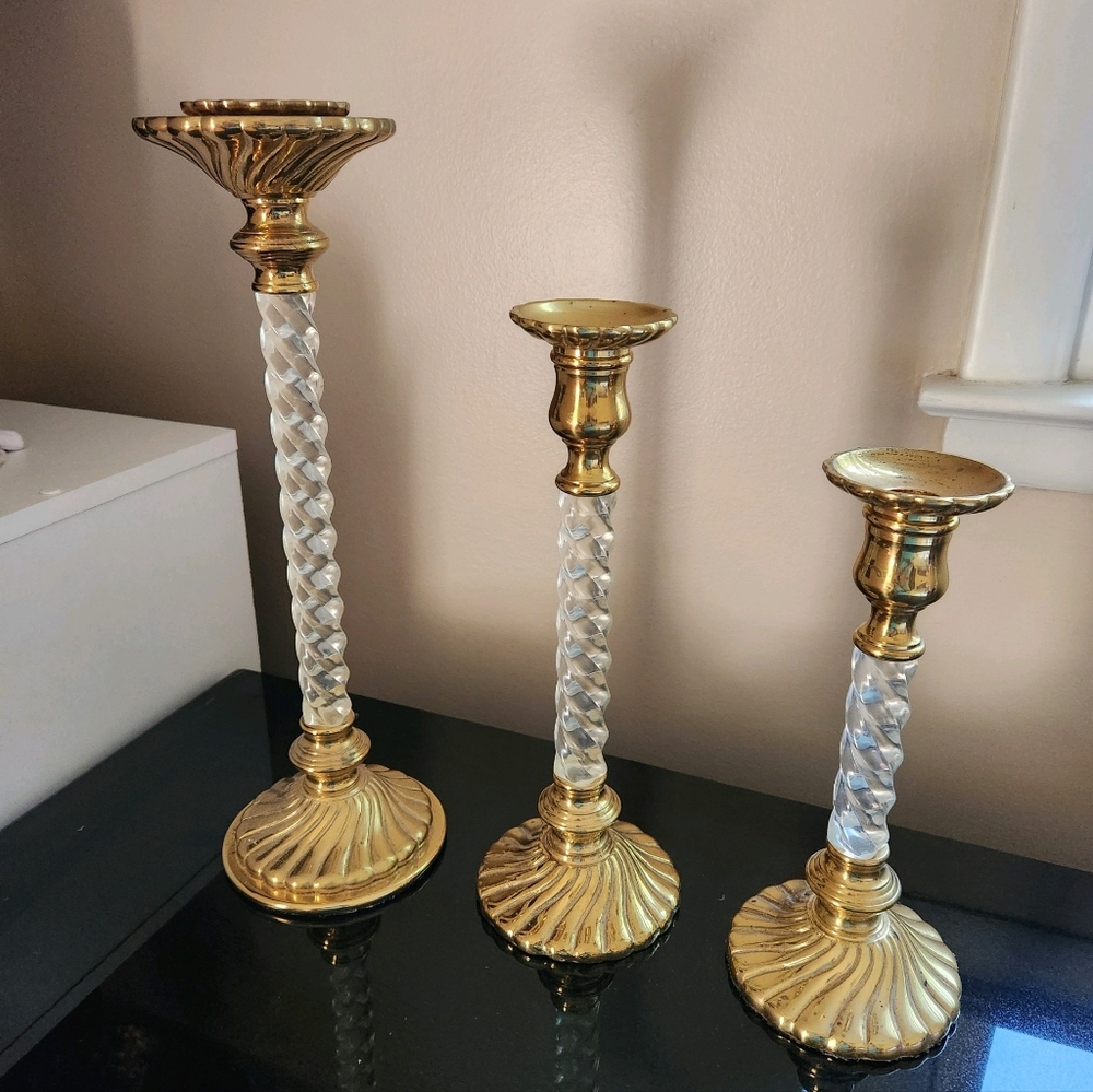 Set of 3 Vintage Brass/Lucite Candleholders - Picture 1 of 3